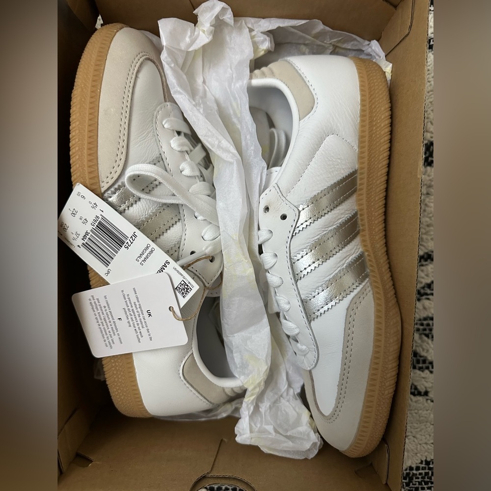 adidas White Leather Sneakers with Silver Stripes and Gum Sole